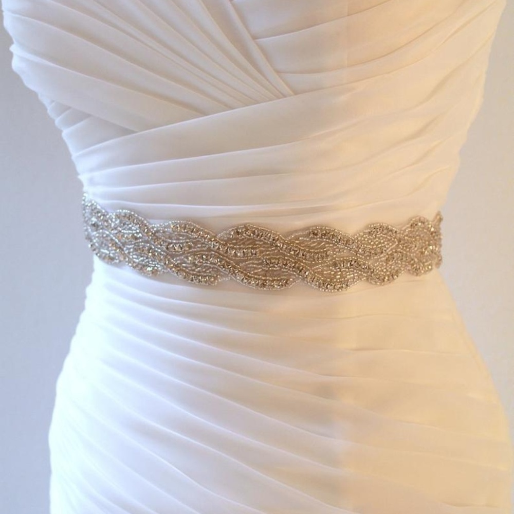 Handmade bridal sash belt, rhinestones, silver